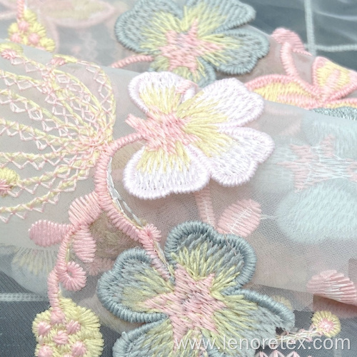 High Density Nylon Woven 3DFlower Embroidered Tulle Fabric